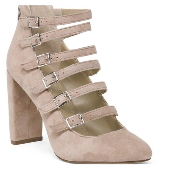 VINCE CAMUTO Dalison Leather Suede Strappy Buckle Chunky Heel Pump Blush Rose - Picture 2 of 14